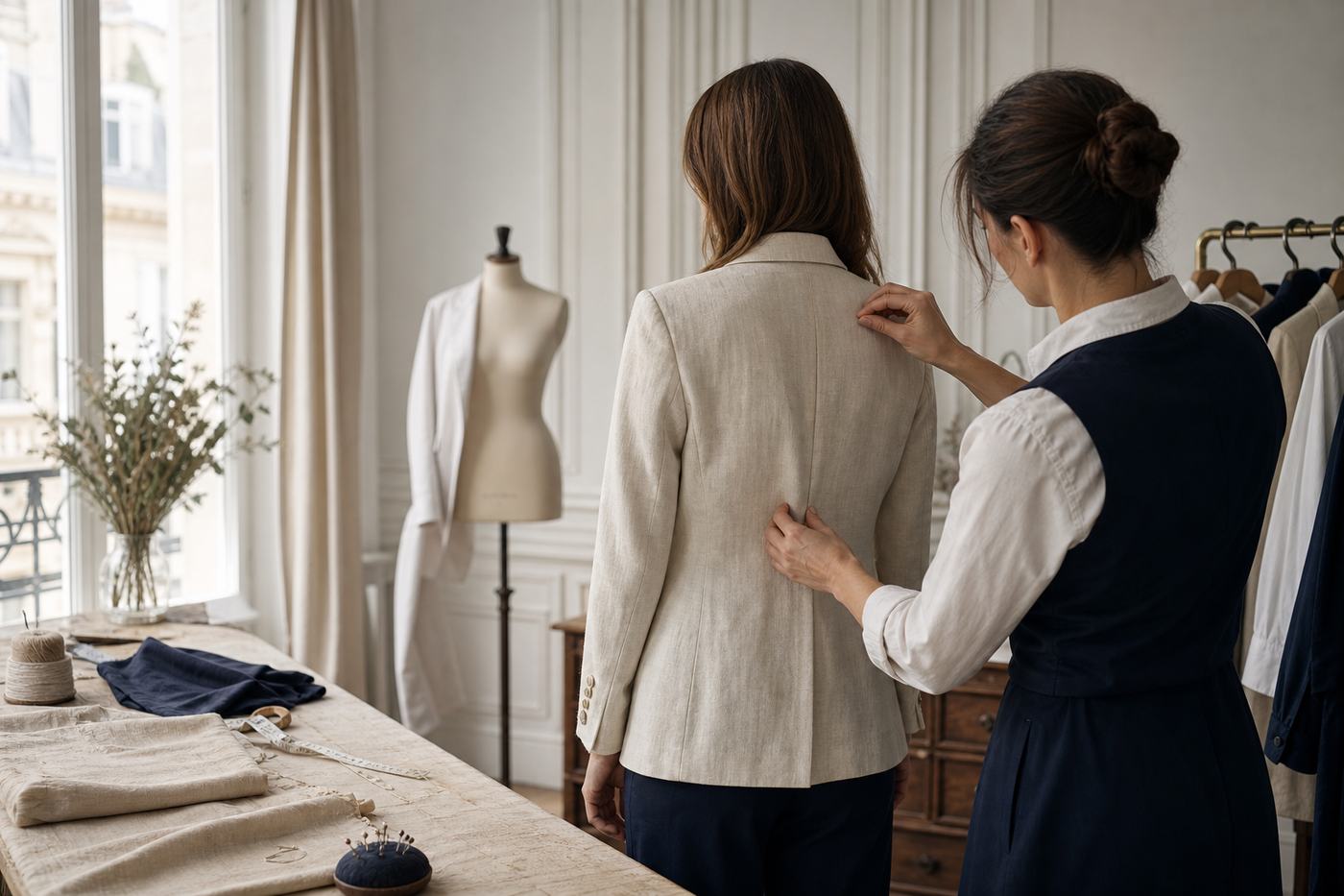 Fitting room with wooden-framed mirror, garment rack, and linen curtains