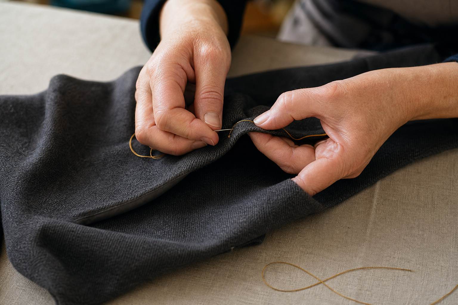 Hands hand-stitching dark wool with golden thread on a tailor’s bench