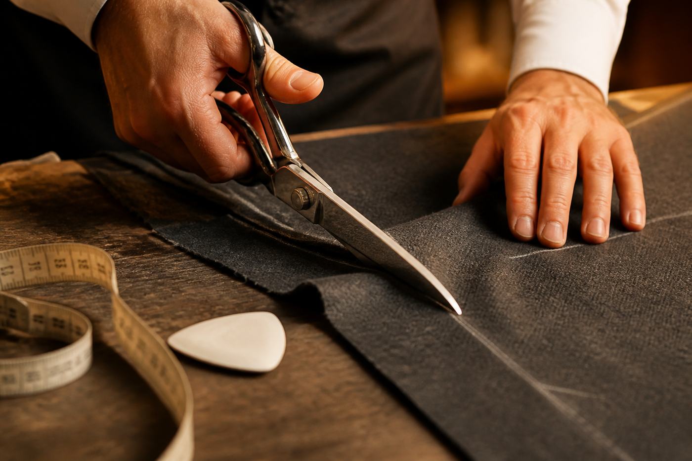 Tailor’s shears cutting charcoal fabric along a chalk line beside measuring tape