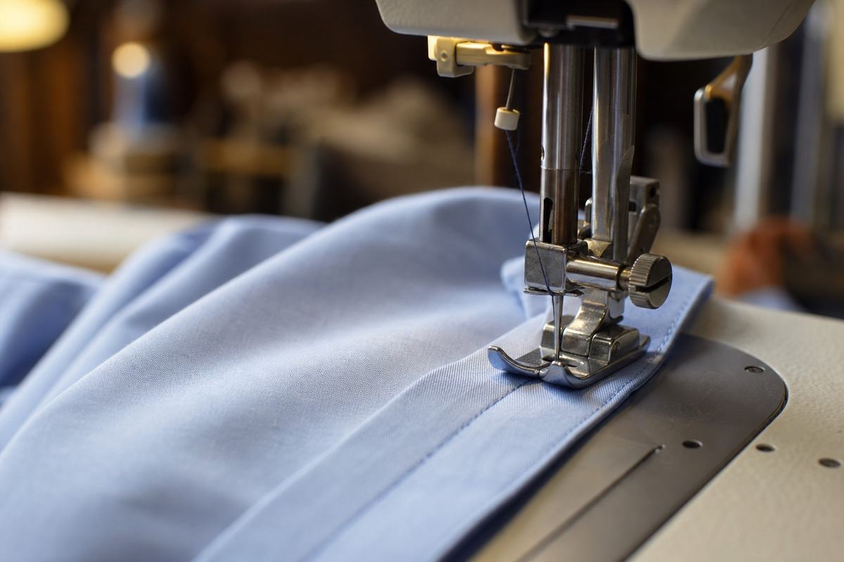 Hands guiding navy fabric under a sewing machine needle on a wooden bench
